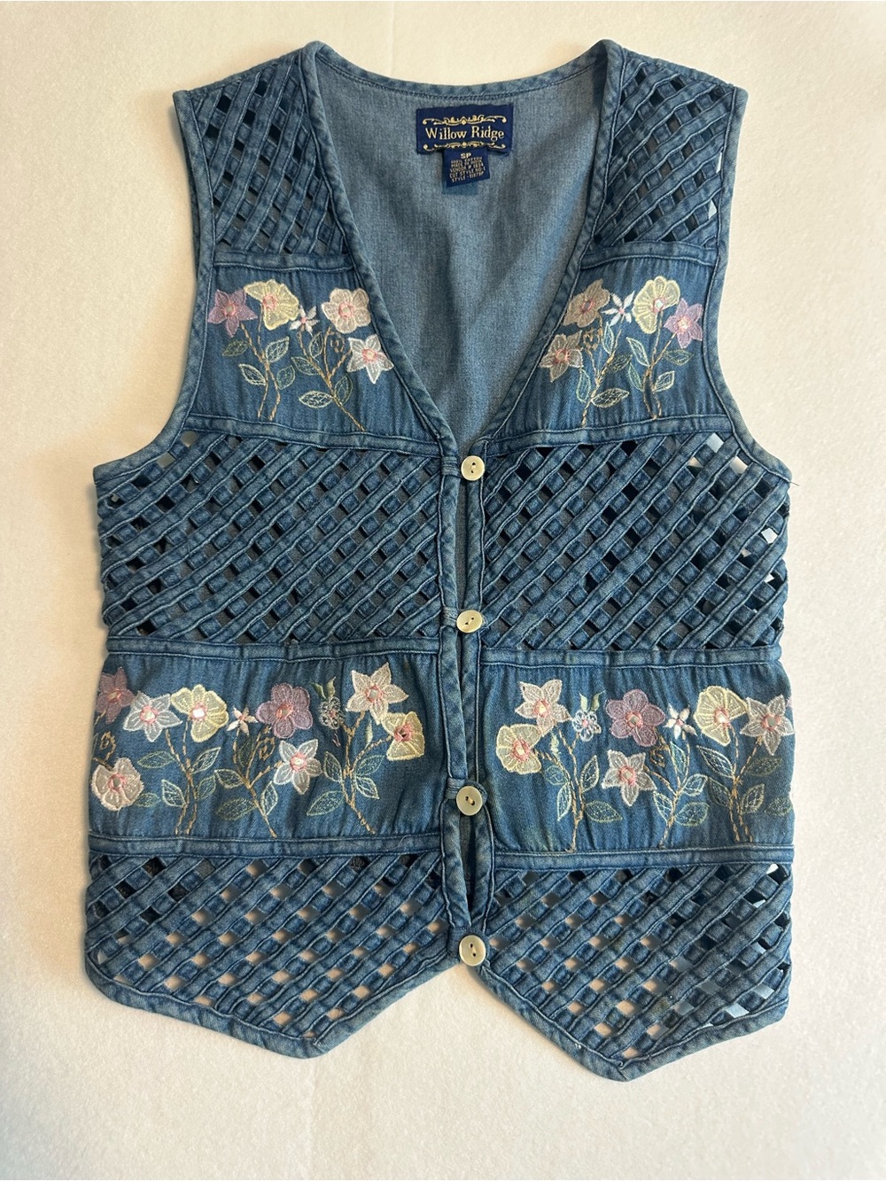 Floral Embroidered Denim Vest Lattice Cutout Tie Back Willow Ridge